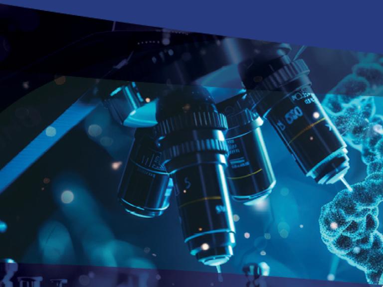 collage of microscope and DNA