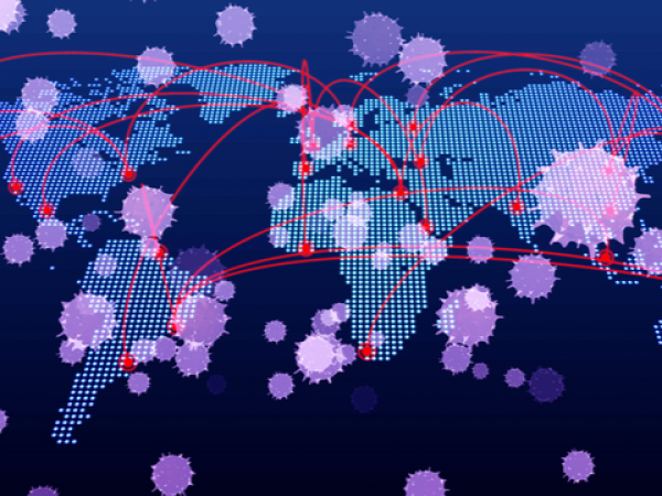 World map with virus particles