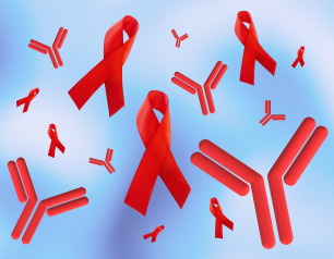 Red HIV ribbons and red antibody molecules on a blue and white background.